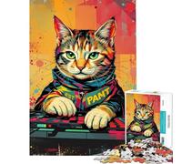 Rompecabezas de 1000 Piezas para Adolescentes Synthwave Cool DJ Cat - Neon Beats ﹨u Pixel Paws Puzzle para Adultos Juego práctico de Corte de precisión Actividades Divertidas en casa (Tamaño 38x26cm)