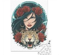 Rompecabezas De 1000 Piezas para Adolescentes Tattoo Design Woman with Roses and Jaguar Rompecabezas para Adultos Juego Familiar Desafío Difícil Interacción Entre Padres E Hijos 38x26cm/1000pcs