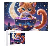 Rompecabezas de 1000 piezas para adolescentes, taza de té mágica de noche, rompecabezas de gato, juegos de relajación, desafío difícil, regalos únicos para cumpleaños y Navidad, 1000 unidades