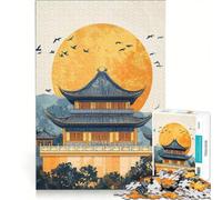 Rompecabezas de 1000 Piezas para Adolescentes: Templo Chino al Atardecer, Juegos Familiares, Mejora la Memoria, con póster y Hoja de Preguntas a Juego 50x75cm