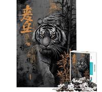 Rompecabezas de 1000 Piezas para Adolescentes Tigre con bambú y caligrafía asiática Rompecabezas para Adultos Juego práctico Divertido y humorístico para Disfrutar en casa (tamaño 50x75cm)
