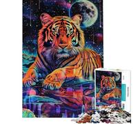 Rompecabezas de 1000 Piezas para Adolescentes Tigre psicodélico en el Espacio Rompecabezas para Adultos Juego práctico decoración de Pared cumpleaños y Navidad (tamaño 38x26cm)
