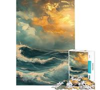 Rompecabezas de 1000 Piezas para Adolescentes Tormenta oceánica Dorada Rompecabezas para Adultos Juegos Divertidos Decoración del hogar cumpleaños (tamaño 38x26cm)