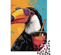 Rompecabezas De 1000 Piezas para Adolescentes Toucan with Sunglasses Holding Bubble Tea Rompecabezas para Adultos Juguetes Antiestrés Mejora La Memoria Gran Regalo para Jugar 38x26cm/1000pcs