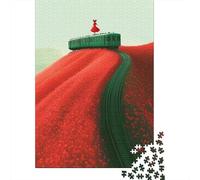 Rompecabezas De 1000 Piezas para Adolescentes Train Tracks Through Red Flowers Rompecabezas para Adultos Juegos Relajantes Mejora La Memoria Ayuda A Ejercitar El Cerebro 38x26cm/1000pcs