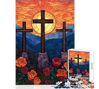 Rompecabezas de 1000 Piezas para Adolescentes Tres Cruces con Rosas vidrieras Juegos relajantes Mejora la Memoria decoración del hogar Juguetes para cumpleaños y Navidad (38x26cm)