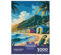 Rompecabezas De 1000 Piezas Para Adolescentes Tropical Beach with Colorful Huts And Parrot Rompecabezas De Juguete Para Decoración De Pared Desafío Difícil Regalo De Cumpleaños, Regalos, 70x50cm/1000p