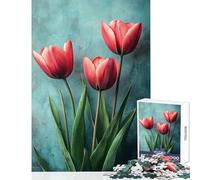 Rompecabezas de 1000 Piezas para Adolescentes Tulipanes Rosas sobre Fondo Turquesa Divertidos Juegos para Pasar el rato en casa Decoración de Pared cumpleaños y Navidad (52x38cm)