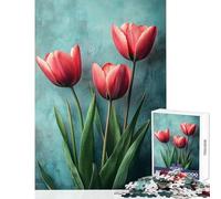 Rompecabezas de 1000 Piezas para Adolescentes Tulipanes Rosas sobre Fondo Turquesa Divertidos Juegos para Pasar el rato en casa Decoración de Pared cumpleaños y Navidad (50x75cm)
