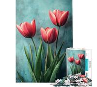 Rompecabezas de 1000 Piezas para Adolescentes Tulipanes Rosas sobre Fondo Turquesa Juguete de Rompecabezas para Adultos Decoración de Pared Arte de Pared cumpleaños y Navidad