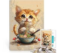 Rompecabezas de 1000 Piezas para Adolescentes Un Lindo Gato está Comiendo Ramen. Acertijo para Interacción Entre Padres e Hijos 75x50cm