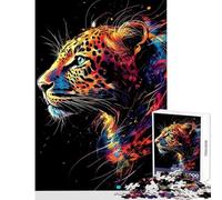 Rompecabezas de 1000 Piezas para Adolescentes Un majestuoso Retrato de Leopardo neón Juego de ingenio Carrera de Velocidad Manual Juguetes antiestrés cumpleaños (38x26cm)