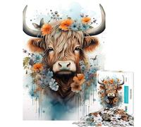 Rompecabezas de 1000 Piezas para Adolescentes Vaca de Las Tierras Altas con Flores Juguetes educativos y de Aprendizaje Juegos relajantes Regalo de cumpleaños (Tamaño 50x75cm)