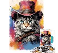 Rompecabezas de 1000 Piezas para Adolescentes Vaquero Gato con Sombrero Rompecabezas para Adolescentes Juego Familiar Decoración de Pared Difícil y desafiante (Tamaño 38x26cm)
