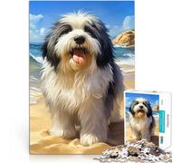 Rompecabezas de 1000 Piezas para Adolescentes Viejo Perro Pastor inglés en la Playa Montaje de Patrones Decoración 52x38cm