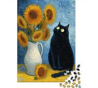 Rompecabezas De 1000 Piezas para Adolescentes Vincent's Sunflowers with Black Cat Rompecabezas para Adultos Juego De Ingenio Decoración Cumpleaños 38x26cm/1000pcs