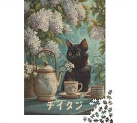 Rompecabezas De 1000 Piezas para Adolescentes Vintage Tea Set with Black Cat Rompecabezas para Adultos Juego Práctico Arte De Pared Oferta como Regalos para Toda La Familia 38x26cm/1000pcs