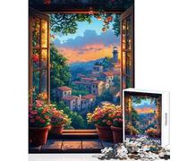 Rompecabezas de 1000 Piezas para Adolescentes Vista de Ventana de un Pueblo costero Rompecabezas de 1000 Piezas Juguete Educativo Regalo Ideal para cumpleaños Carrera de Velocidad Manual (38x26cm)