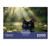 Rompecabezas De 1000 Piezas Para Adolescentes Whimsical Black Cat Peeking from Water Lily Pond - Impressionistic Digital Art Rompecabezas Para Adultos Juegos Relajantes Decoración De Pared Es Ideal Co
