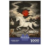 Rompecabezas De 1000 Piezas para Adolescentes White Horse Running Under Red Moon Drawing Rompecabezas para Adolescentes Juguetes Antiestrés Patrón De Ensamblaje Desafío Educativo 52x38cm/1000pcs