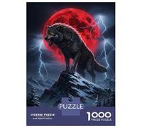 Rompecabezas De 1000 Piezas para Adolescentes Wolf on Mountain with Red Moon Rompecabezas para Adultos Juegos Divertidos Decoración Ayuda A Ejercitar El Cerebro 38x26cm/1000pcs