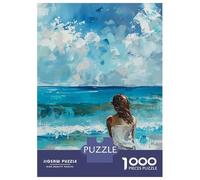 Rompecabezas De 1000 Piezas para Adolescentes Woman on Bench Overlooking Ocean Painting Rompecabezas para Adultos Juegos Relajantes Decoración del Hogar Actividades Divertidas En Casa 70x50cm/1000pcs