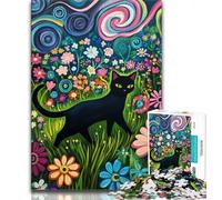 Rompecabezas de 1000 Piezas para Adolescentes y Adultos, Gato Negro Caminando Entre Las Flores, Juego Educativo Familiar, decoración de Pared, cumpleaños y Navidad (75x50cm)