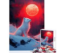 Rompecabezas de 1000 Piezas para Adolescentes Zorro Blanco bajo la Luna roja Juguete Decorativo de Pared Grandes Regalos y Juguetes Juego práctico con póster a Juego y Hoja de Trivia tamaño 38x26cm
