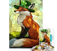 Rompecabezas de 1000 Piezas para Adolescentes Zorro con Sombrero Verde Rompecabezas para Adultos Juegos Familiares Mejora la Memoria cumpleaños y Ocasiones Especiales (50x75cm)