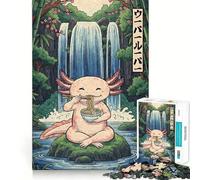 Rompecabezas de 1000 Piezas para Adultos Ajolote Comiendo Ramen Junto a una Cascada Juego de Bordes limpios Diversión cognitiva Juego Lento Divertido Regalo Festivo para el Tiempo Libre (38x52cm)