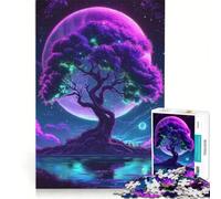 Rompecabezas de 1000 Piezas para Adultos: Árbol neón de fantasía bajo una Luna púrpura, Juego Imposible, decoración del hogar, Toda la Familia 38x26cm