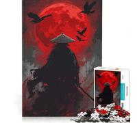 Rompecabezas de 1000 Piezas para Adultos Arte de Pintura de samuráis con Cuervos y Luna roja Juegos Divertidos para la interacción Entre Padres e Hijos Cada Pieza es única 38x26cm