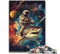Rompecabezas de 1000 Piezas para Adultos, Astronauta montado en un tiburón, difícil y desafiante, con póster a Juego y Hoja de Trivia para niños de 14 años, 50x75cm