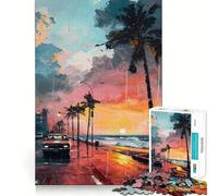 Rompecabezas de 1000 Piezas para Adultos Atardecer en la Playa,Paseo en Coche,decoración Ideal,Juego de concentración Mental,Juego Relajante,Escena navideña (38x26cm)