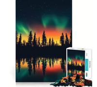 Rompecabezas de 1000 piezas para adultos Aurora Boreal sobre reflejo en el bosque Diseño de corte preciso Divertido juego mental Regalo ideal para relajarse y divertirse Regalo de cumpleaños (38x26cm)