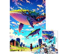 Rompecabezas de 1000 Piezas para Adultos Ballenas Volando sobre un Paisaje Urbano Rompecabezas Familiar para Adultos Mejora la Memoria cumpleaños (tamaño 38x26cm)