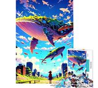 Rompecabezas de 1000 Piezas para Adultos Ballenas Volando sobre un Paisaje Urbano Rompecabezas para Adultos Juego práctico Divertido y con Humor Regalo de cumpleaños (Tamaño 38x52cm)