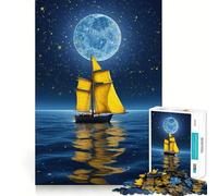 Rompecabezas de 1000 Piezas para Adultos Barco,Noche,Luna,Bordes Limpios,Juego de Lógica,Juego de Juego Inactivo,Decoración Navideña 50x75cm