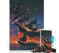 Rompecabezas de 1000 Piezas para Adultos Barco Pirata en Llamas,Ajuste, Arte,Juego Mental,Regalo,Juego Lento,decoración navideña para Pared (38x26cm)