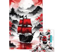 Rompecabezas de 1000 Piezas para Adultos Barco Pirata Rojo y Negro Juguetes educativos Juegos Familiares una Obra de Arte un Gran Regalo para los Amantes de los Juegos (tamaño 38x52cm)