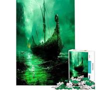 Rompecabezas de 1000 Piezas para Adultos Barco Vikingo Verde Juego de ingenio análisis y lógica cumpleaños y Navidad (tamaño 38x52cm)