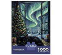Rompecabezas De 1000 Piezas para Adultos Black Cat Christmas Aurora Painting Rompecabezas para Adolescentes Juego De Ingenio Desafío Difícil Juego Desafiante Regalos 70x50cm/1000pcs