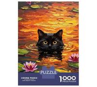 Rompecabezas De 1000 Piezas para Adultos Black Cat in Water Lilies Rompecabezas para Adultos Juegos Familiares para La Diversión Familiar Regalo De Cumpleaños, Regalos, 52x38cm/1000pcs