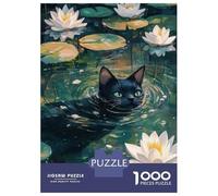 Rompecabezas De 1000 Piezas para Adultos Black Cat in Water Lilies Rompecabezas para Adultos Juguete Decoración De Pared Desafío Difícil Diversión Actividades En Casa, 38x26cm/1000pcs