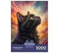 Rompecabezas De 1000 Piezas Para Adultos Black Cat Looking Up at Colorful Sky Rompecabezas Para Adultos Juegos De Relajación Para La Diversión Familiar Interacción Entre Padres E Hijos 52x38cm/1000pcs