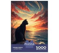Rompecabezas De 1000 Piezas para Adultos Black Cat Watching Sunset Over Ocean Rompecabezas para Adultos Juegos De Relajación Regalos para Mujeres Desafío Educativo 52x38cm/1000pcs