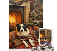 Rompecabezas de 1000 piezas para adultos Border Collie con suéter navideño junto a la chimenea Rompecabezas de 1000 piezas para toda la familia Regalo ideal para cumpleaños Patrón de montaje (50x75cm)