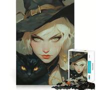 Rompecabezas de 1000 Piezas para Adultos Bruja con Gato Negro Juego de Memoria y concentración Ajuste, Compacto y Divertido para Toda la Familia (50x75cm)