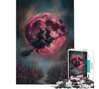 Rompecabezas de 1000 Piezas para Adultos Brujas Volando en Escoba con Luna roja Ayuda a ejercitar el Cerebro y Alivia el estrés Juego Familiar para Mayores de 14 años 38x26cm
