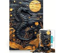 Rompecabezas de 1000 Piezas para Adultos Caballito de mar Negro con Detalles Dorados Decoración de Ajuste, Actividad Cerebral Divertida,Juego Acogedor,Regalo Festivo de Ocio 38x26cm